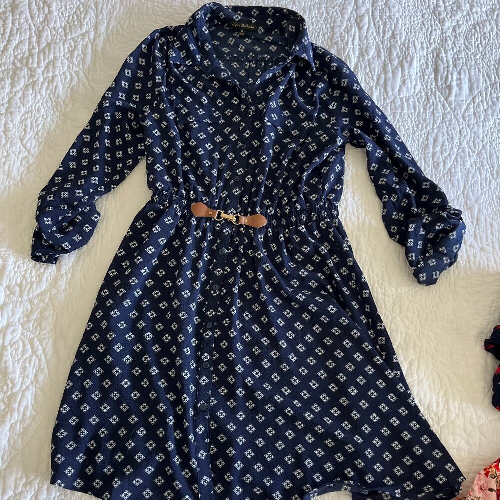 NWOT Ryan Michelle Faux Belt Navy Dress Size M